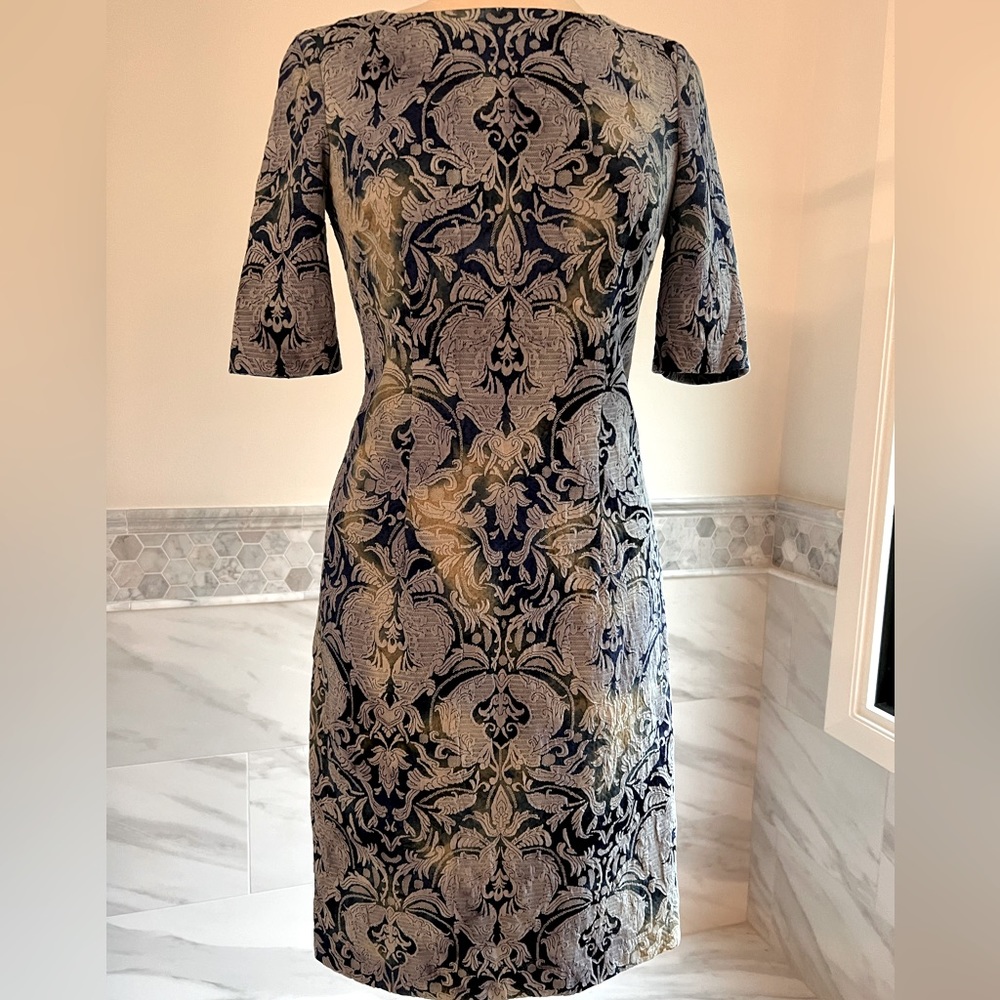 Betsey Johnson Damask Print Jacquard Elbow Sleeves Blue Dress Size 6